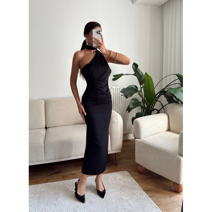 Boyun Bağlamalı Drapeli Elbise - SİYAH