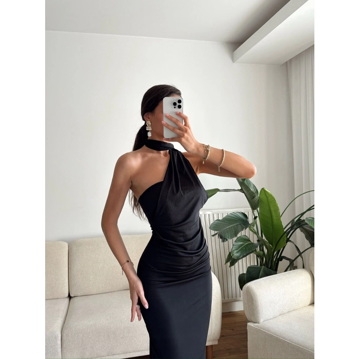 Boyun Bağlamalı Drapeli Elbise - SİYAH