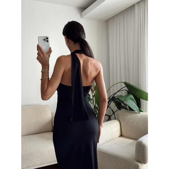 Boyun Bağlamalı Drapeli Elbise - SİYAH