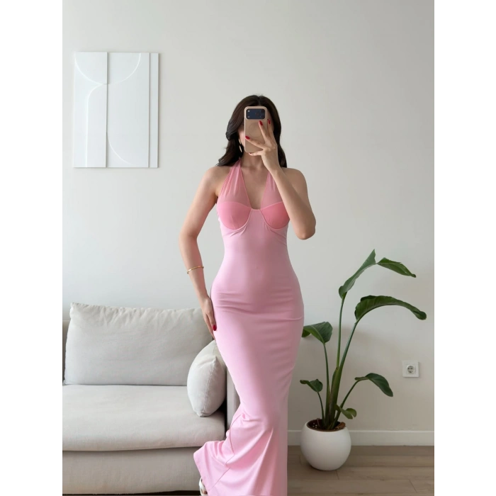Boyun Bağlamalı Gloplu Elbise - PEMBE