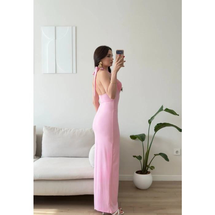 Boyun Bağlamalı Gloplu Elbise - PEMBE