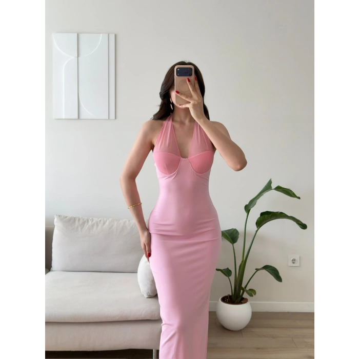 Boyun Bağlamalı Gloplu Elbise - PEMBE