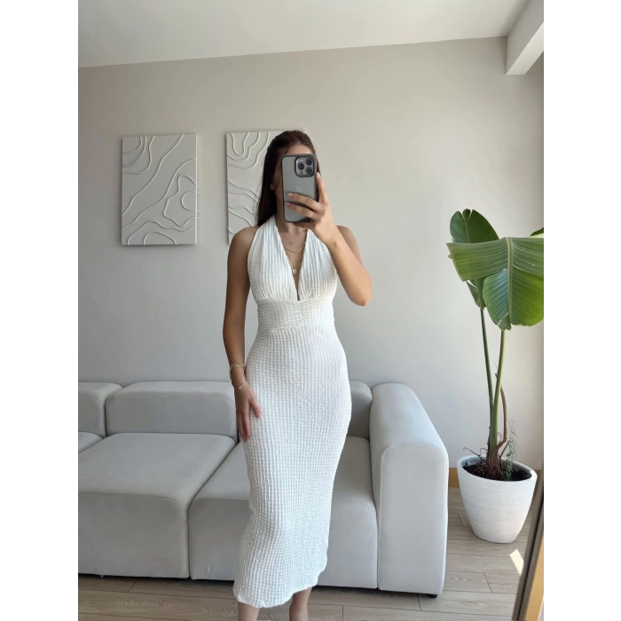 Boyun Bağlamalı Gofre Elbise - BEYAZ