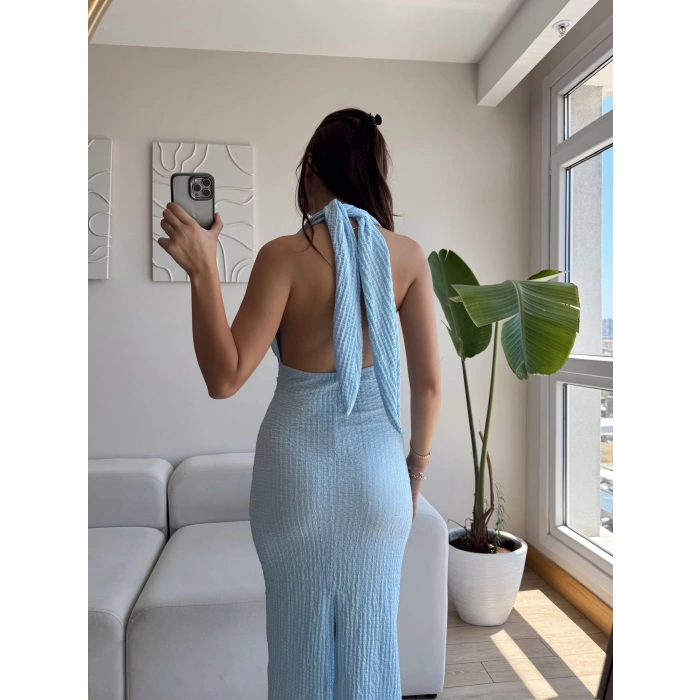 Boyun Bağlamalı Gofre Elbise - MAVİ