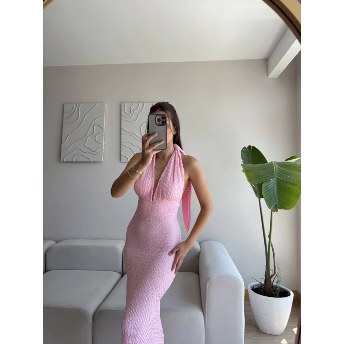 Boyun Bağlamalı Gofre Elbise - PEMBE