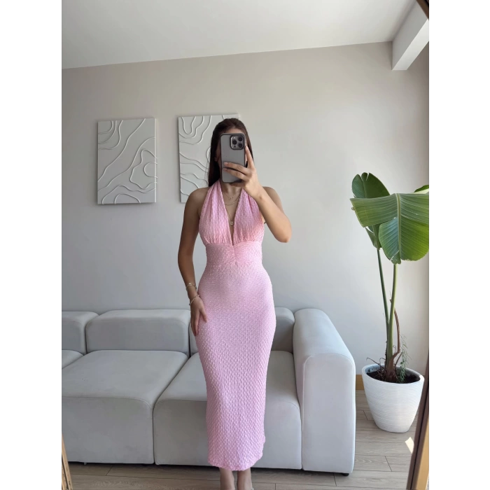 Boyun Bağlamalı Gofre Elbise - PEMBE