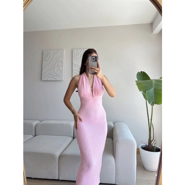 Boyun Bağlamalı Gofre Elbise - PEMBE