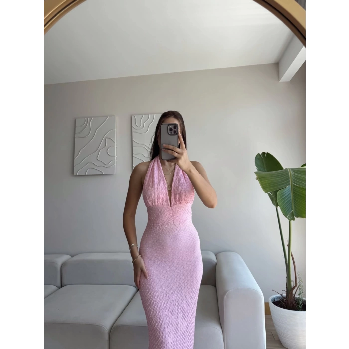Boyun Bağlamalı Gofre Elbise - PEMBE