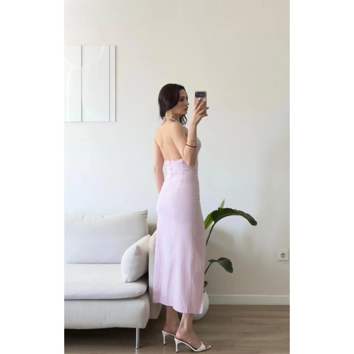 Boyun Bağlamalı Keten Burgu Elbise - PEMBE