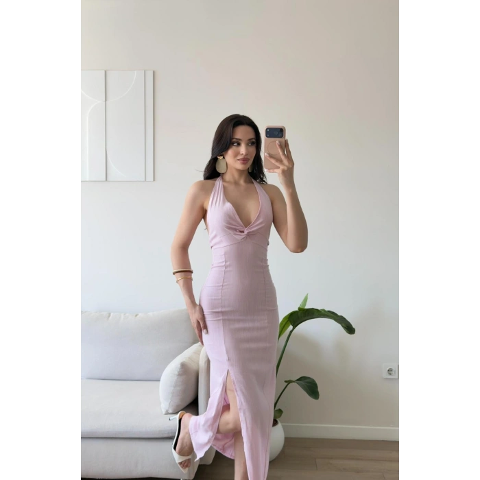 Boyun Bağlamalı Keten Burgu Elbise - PEMBE