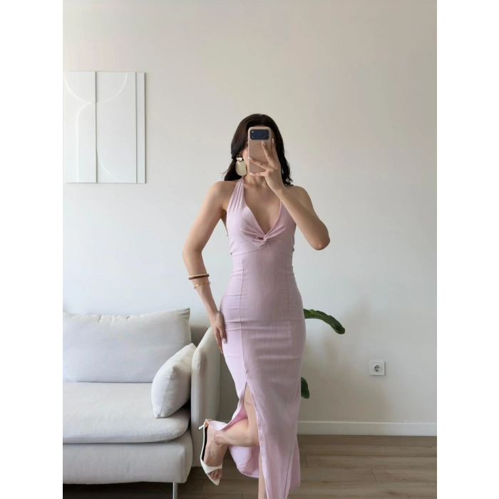 Boyun Bağlamalı Keten Burgu Elbise - PEMBE