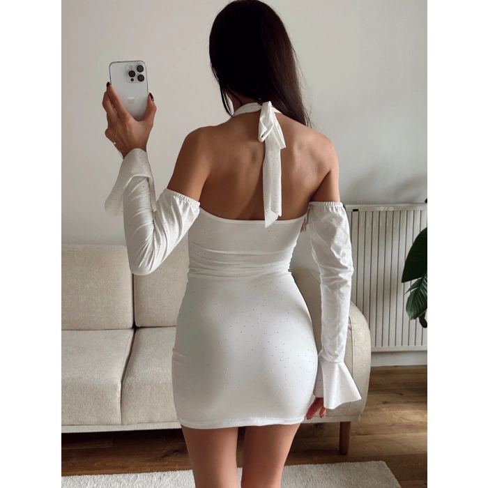 Boyun Bağlamalı Madonna Elbise - BEYAZ