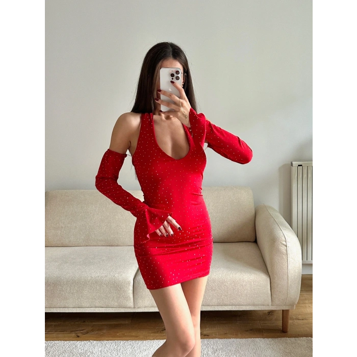 Boyun Bağlamalı Madonna Elbise - KIRMIZI