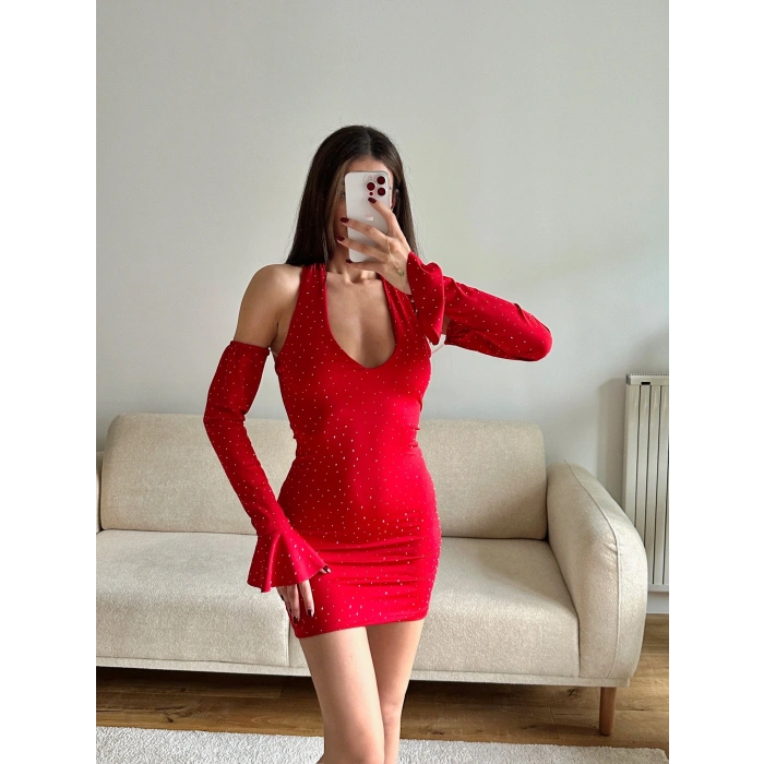 Boyun Bağlamalı Madonna Elbise - KIRMIZI