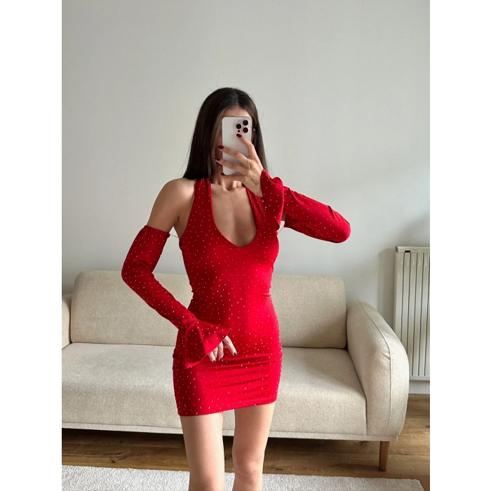 Boyun Bağlamalı Madonna Elbise - KIRMIZI