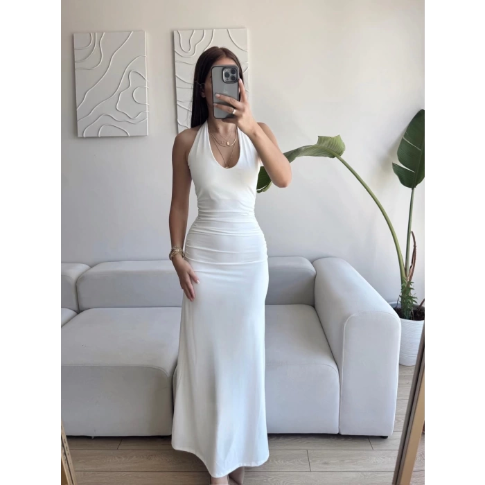 Boyun Bağlamalı Maxi Elbise - BEYAZ
