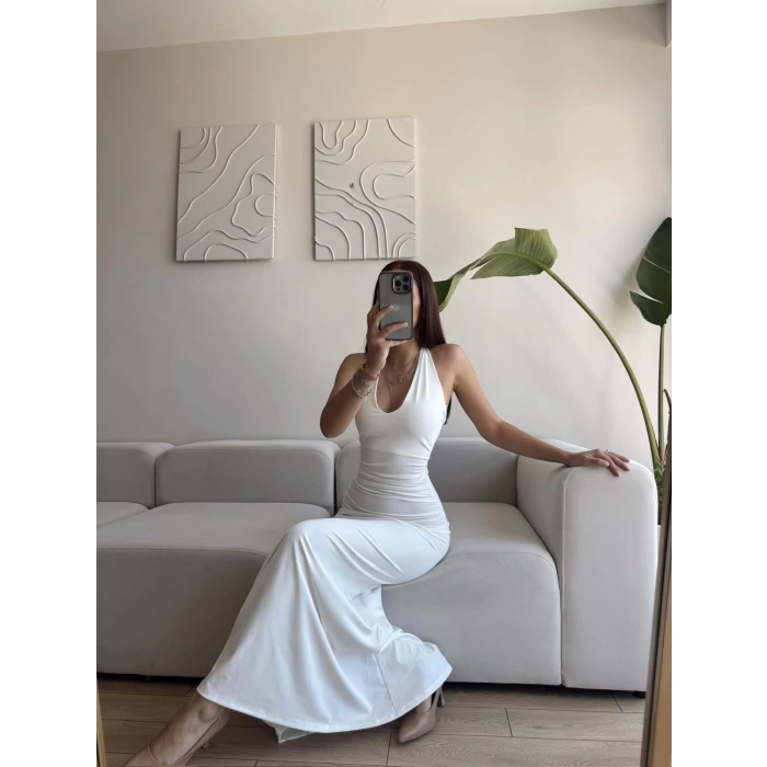 Boyun Bağlamalı Maxi Elbise - BEYAZ