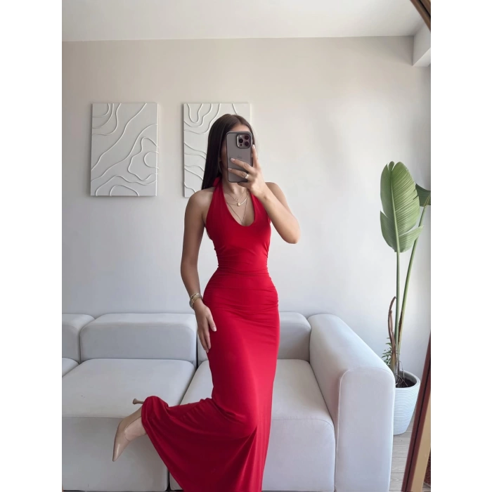 Boyun Bağlamalı Maxi Elbise - KIRMIZI