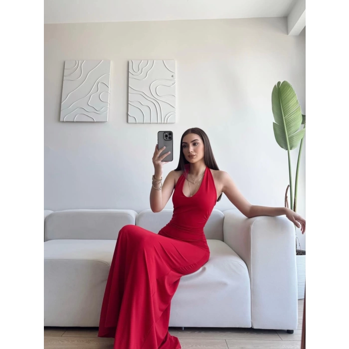 Boyun Bağlamalı Maxi Elbise - KIRMIZI