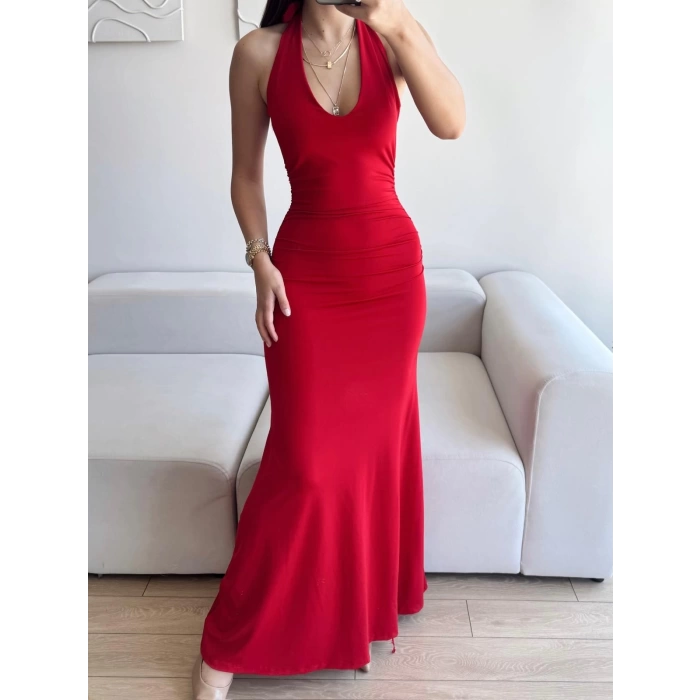 Boyun Bağlamalı Maxi Elbise - KIRMIZI