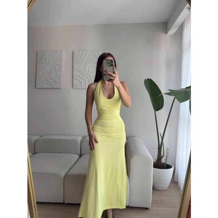 Boyun Bağlamalı Maxi Elbise - SARI