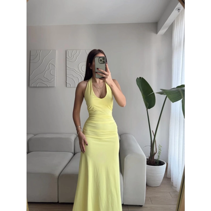 Boyun Bağlamalı Maxi Elbise - SARI
