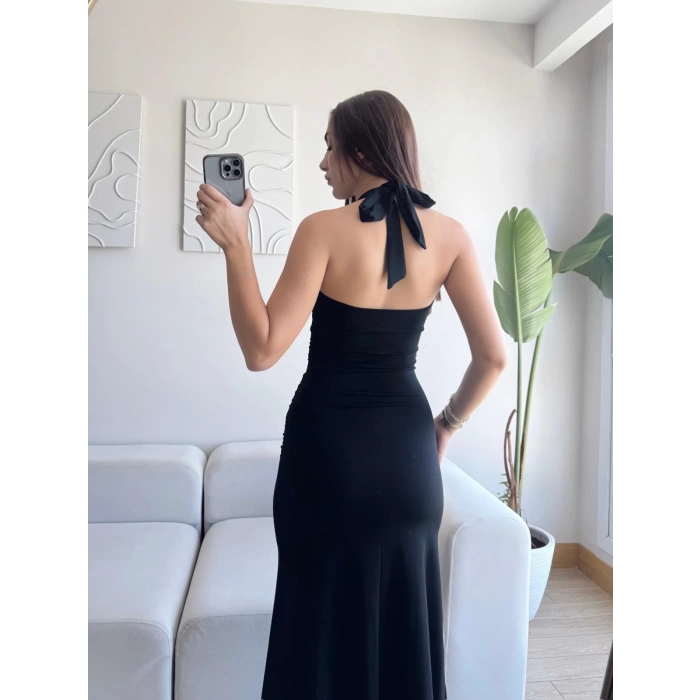 Boyun Bağlamalı Maxi Elbise - SİYAH