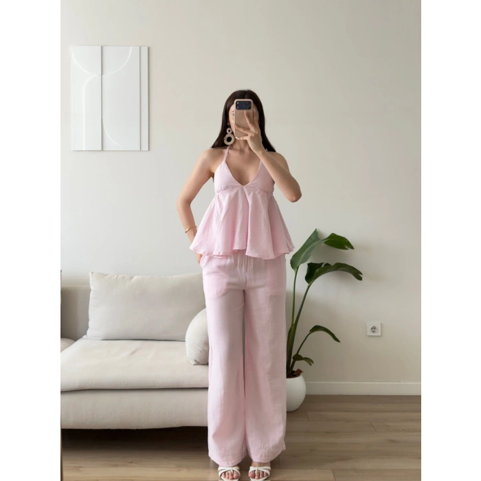 Boyun Bağlamalı Müslin İkili Takım - PEMBE