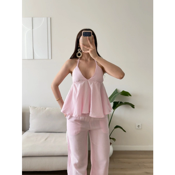 Boyun Bağlamalı Müslin İkili Takım - PEMBE