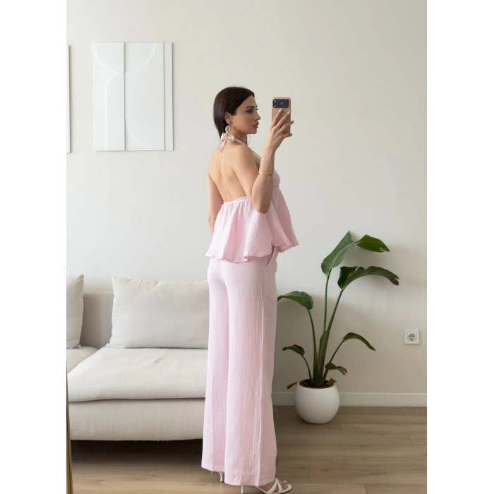 Boyun Bağlamalı Müslin İkili Takım - PEMBE