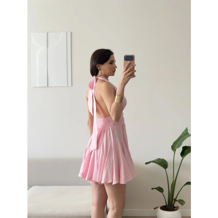 Boyun Bağlamalı Ön Düğme Keten Elbise - PEMBE
