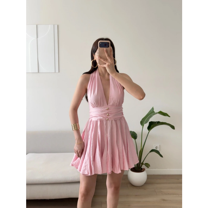 Boyun Bağlamalı Ön Düğme Keten Elbise - PEMBE
