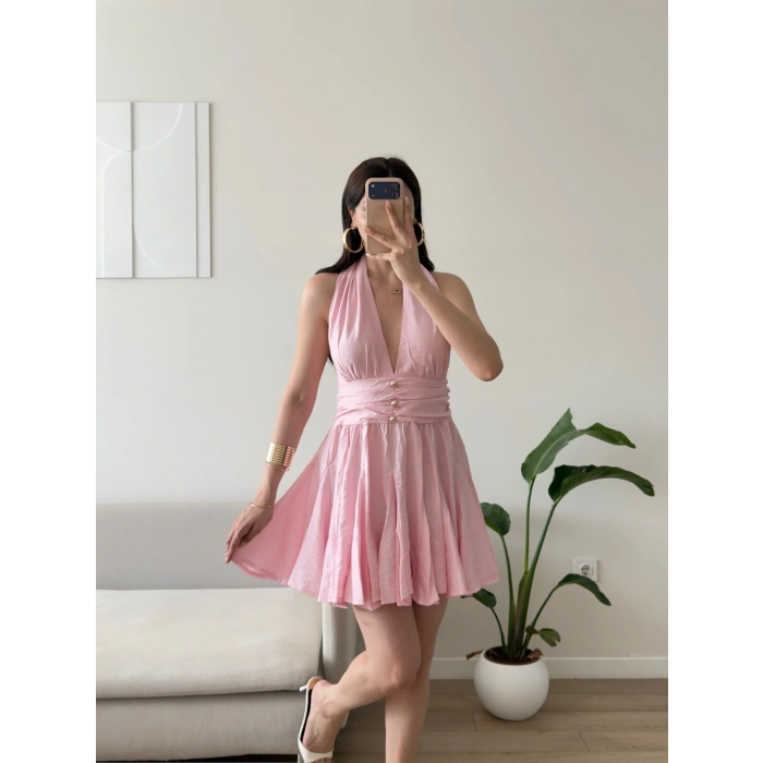 Boyun Bağlamalı Ön Düğme Keten Elbise - PEMBE
