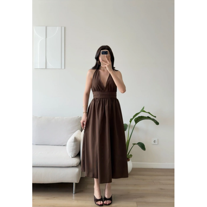 Boyun Bağlamalı Poplin Elbise - KAHVE