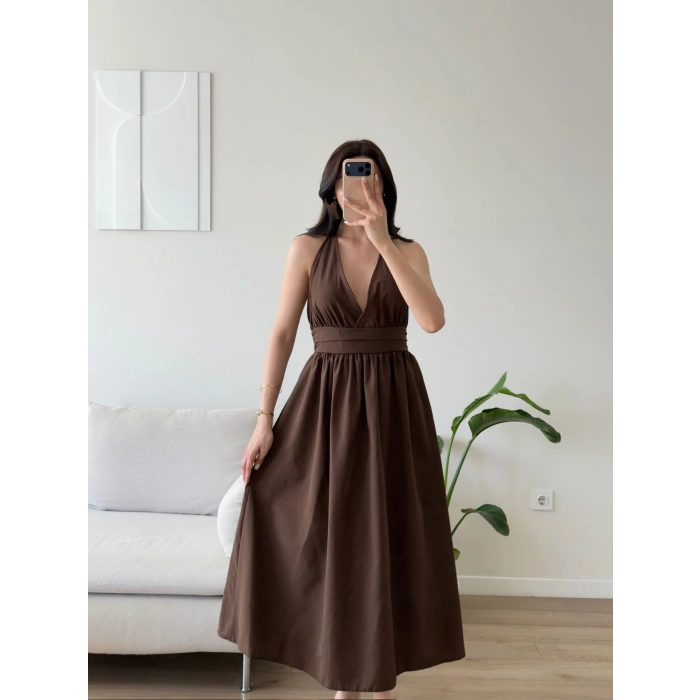 Boyun Bağlamalı Poplin Elbise - KAHVE