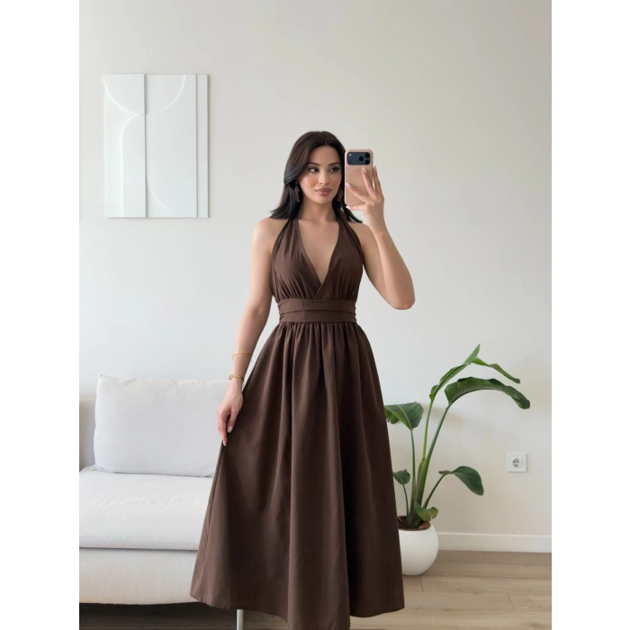 Boyun Bağlamalı Poplin Elbise - KAHVE