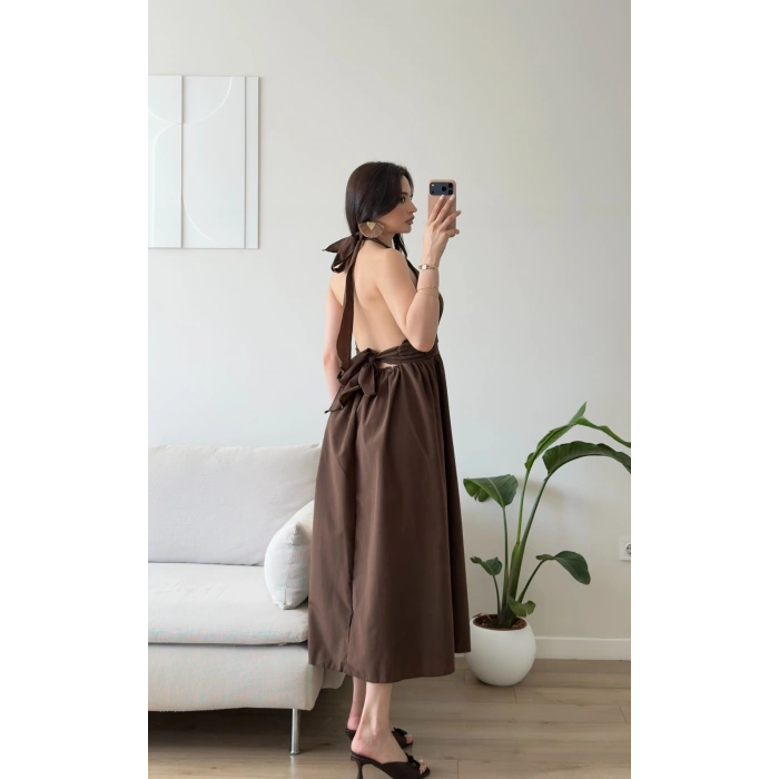 Boyun Bağlamalı Poplin Elbise - KAHVE