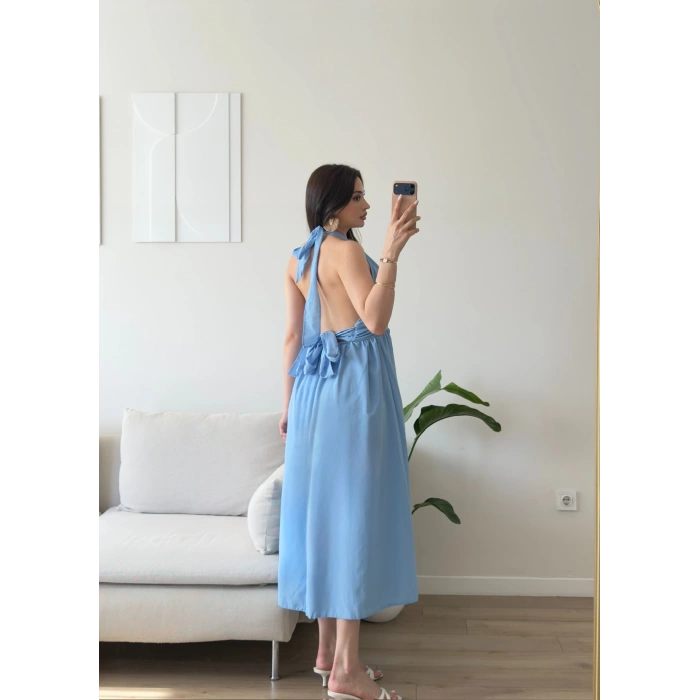 Boyun Bağlamalı Poplin Elbise - MAVİ