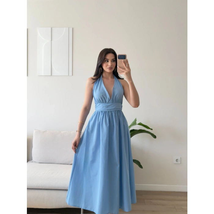 Boyun Bağlamalı Poplin Elbise - MAVİ