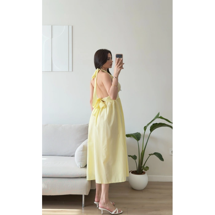 Boyun Bağlamalı Poplin Elbise - SARI