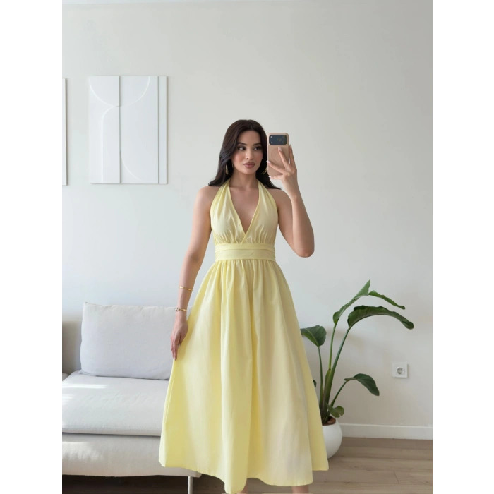 Boyun Bağlamalı Poplin Elbise - SARI