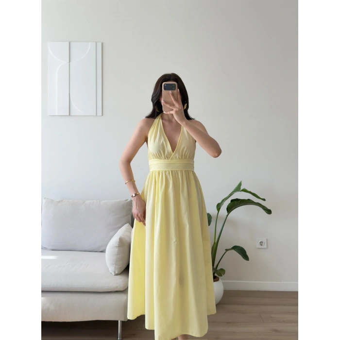 Boyun Bağlamalı Poplin Elbise - SARI