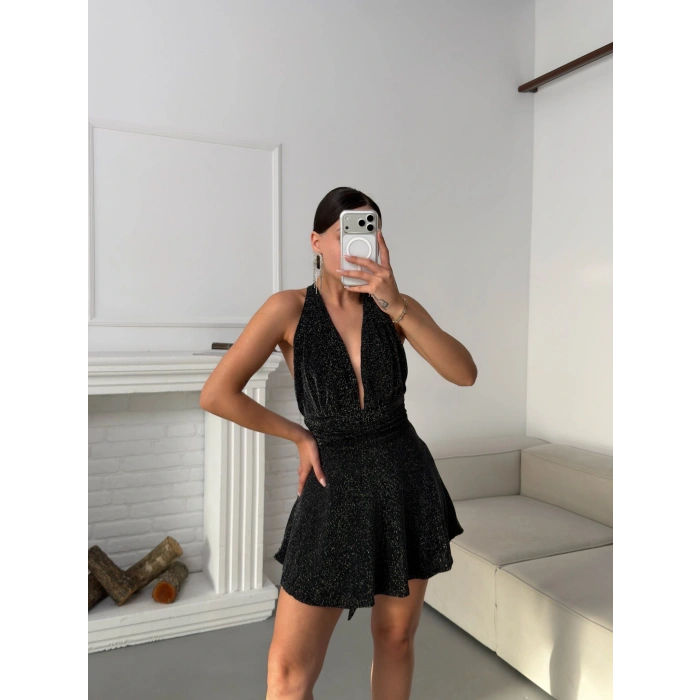 Boyun Bağlamalı Simli Elbise