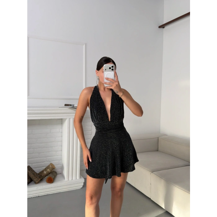 Boyun Bağlamalı Simli Elbise