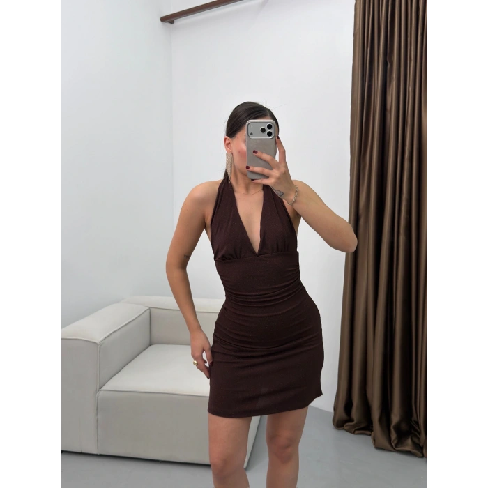 Boyun Bağlamalı Simli Elbise - KAHVE