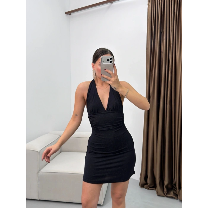 Boyun Bağlamalı Simli Elbise - SİYAH