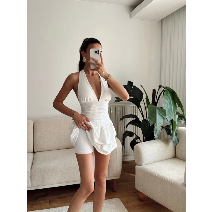 Boyun Bağlamalı Şortlu Elbise - BEYAZ