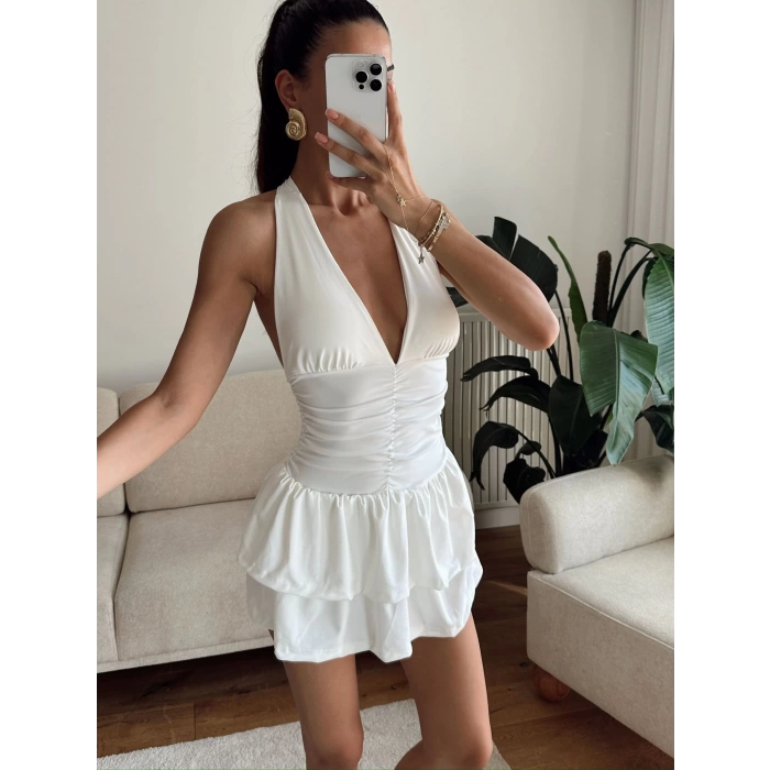 Boyun Bağlamalı Şortlu Elbise - BEYAZ