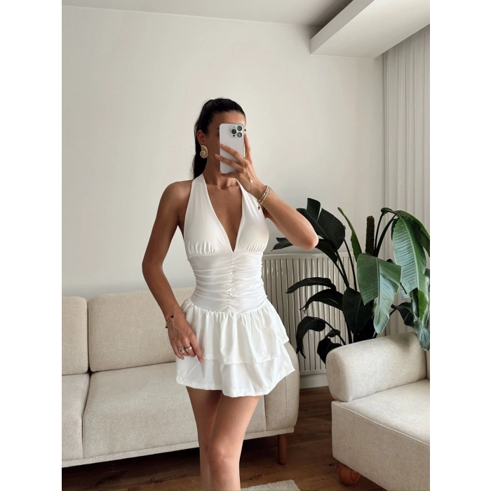 Boyun Bağlamalı Şortlu Elbise - BEYAZ