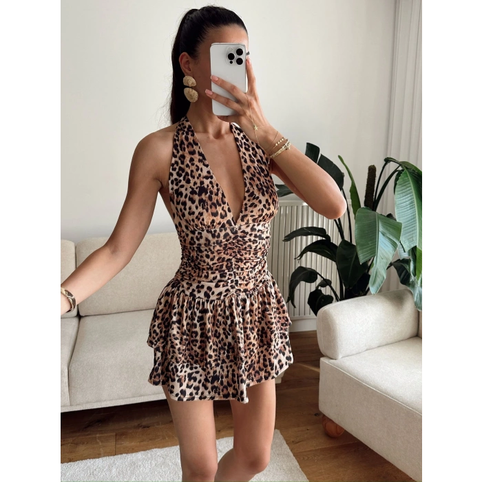 Boyun Bağlamalı Şortlu Elbise - LEOPAR